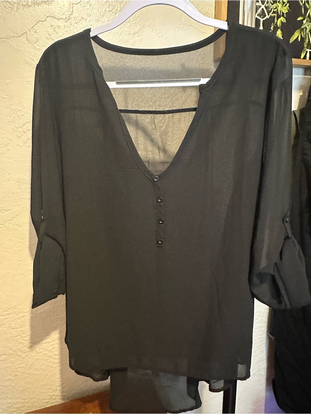 Women's Black Sheer V-Neck Button-Front Blouse